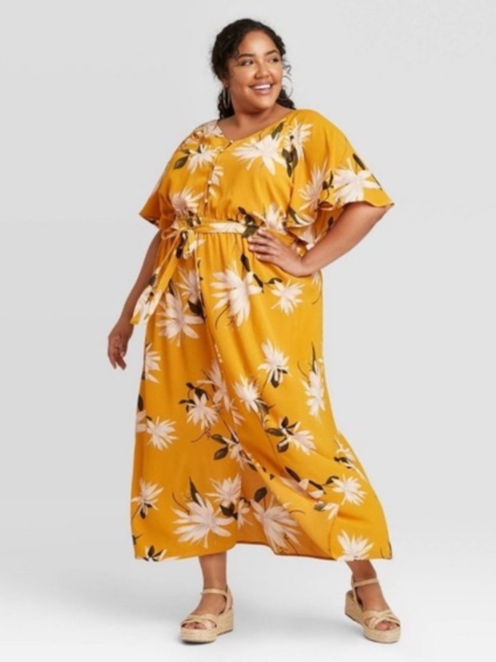 Ava & Viv Women's Mustard Yellow Floral Printed Flutter Sleeve Flowy Maxi Dress